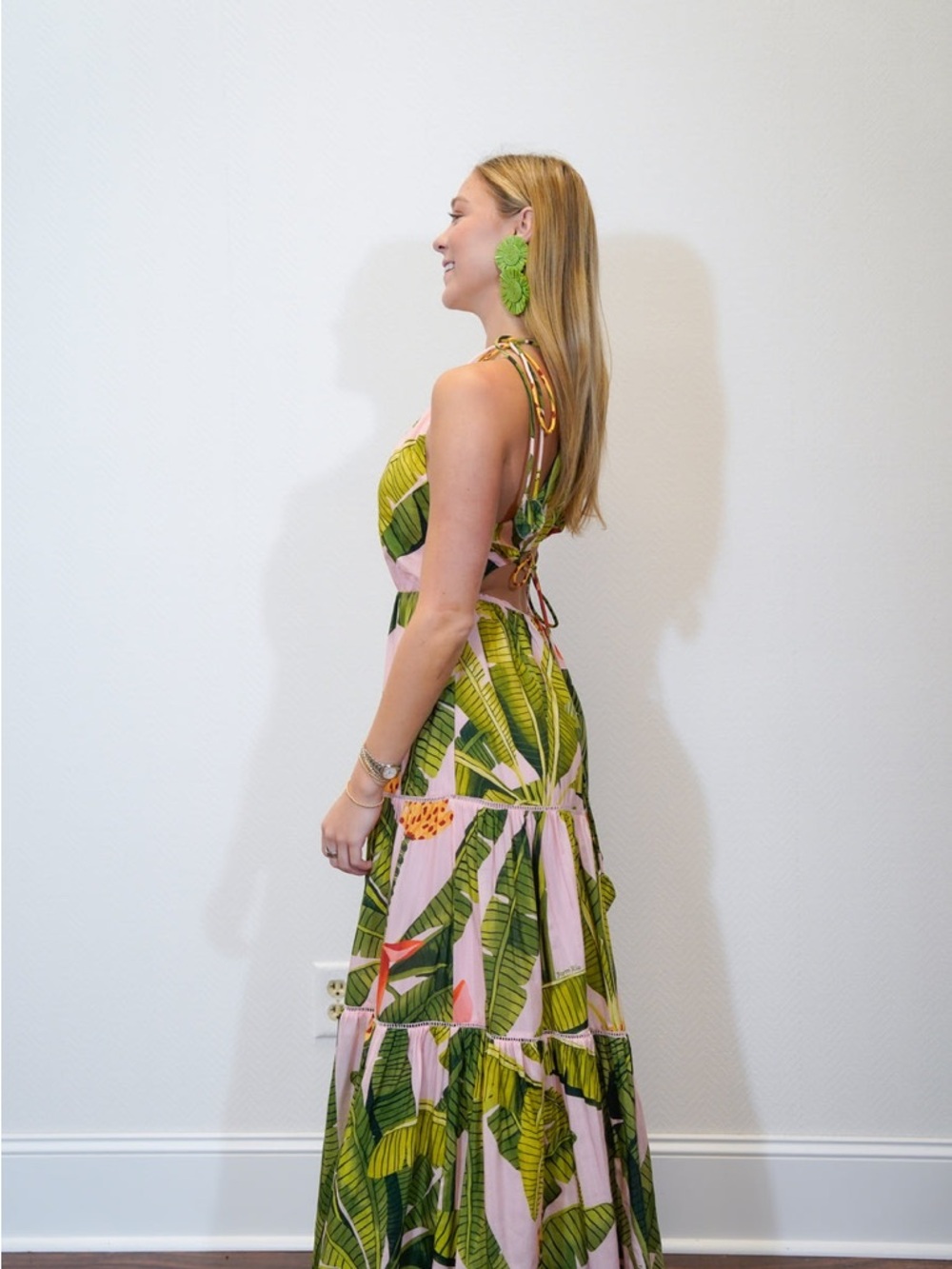 FARM Rio Tropical Pink Maxi Dress with Green Leaf Print Size Medium - Picture 14 of 16